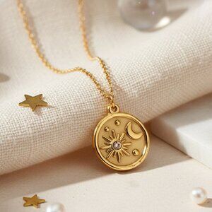 Sun Moon Necklace Celestial Pendant Stainless Steel Medallion 18K Gold Plated